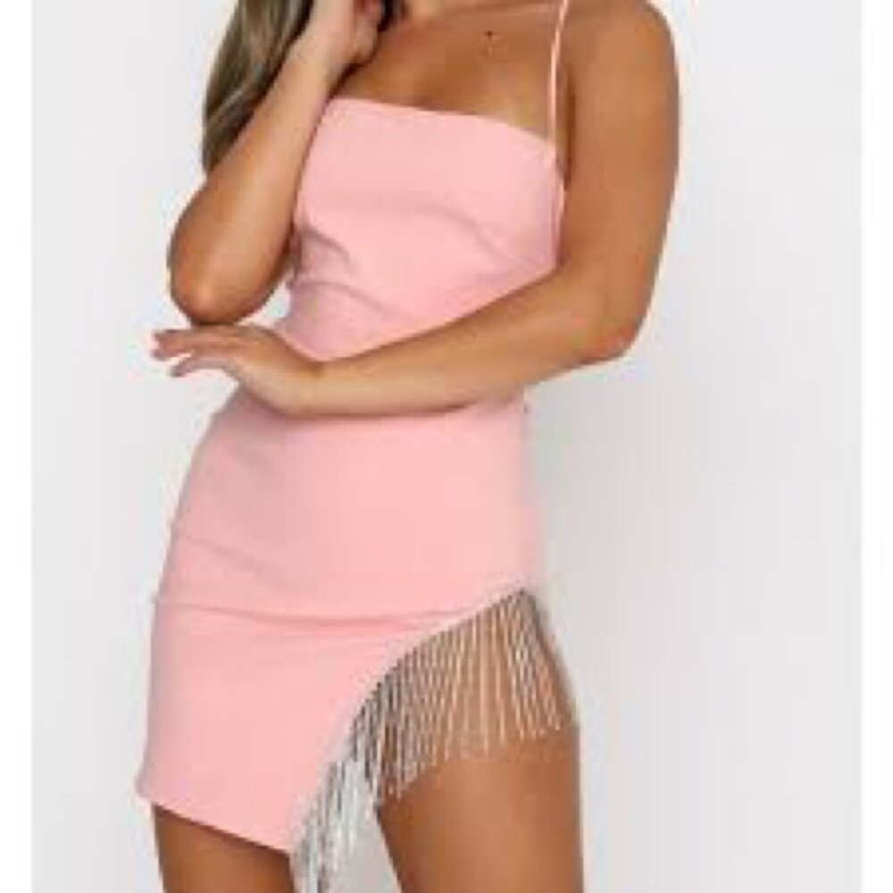 White Fox Boutique Come Back Mini Dress in rose pink with rhinestone slit